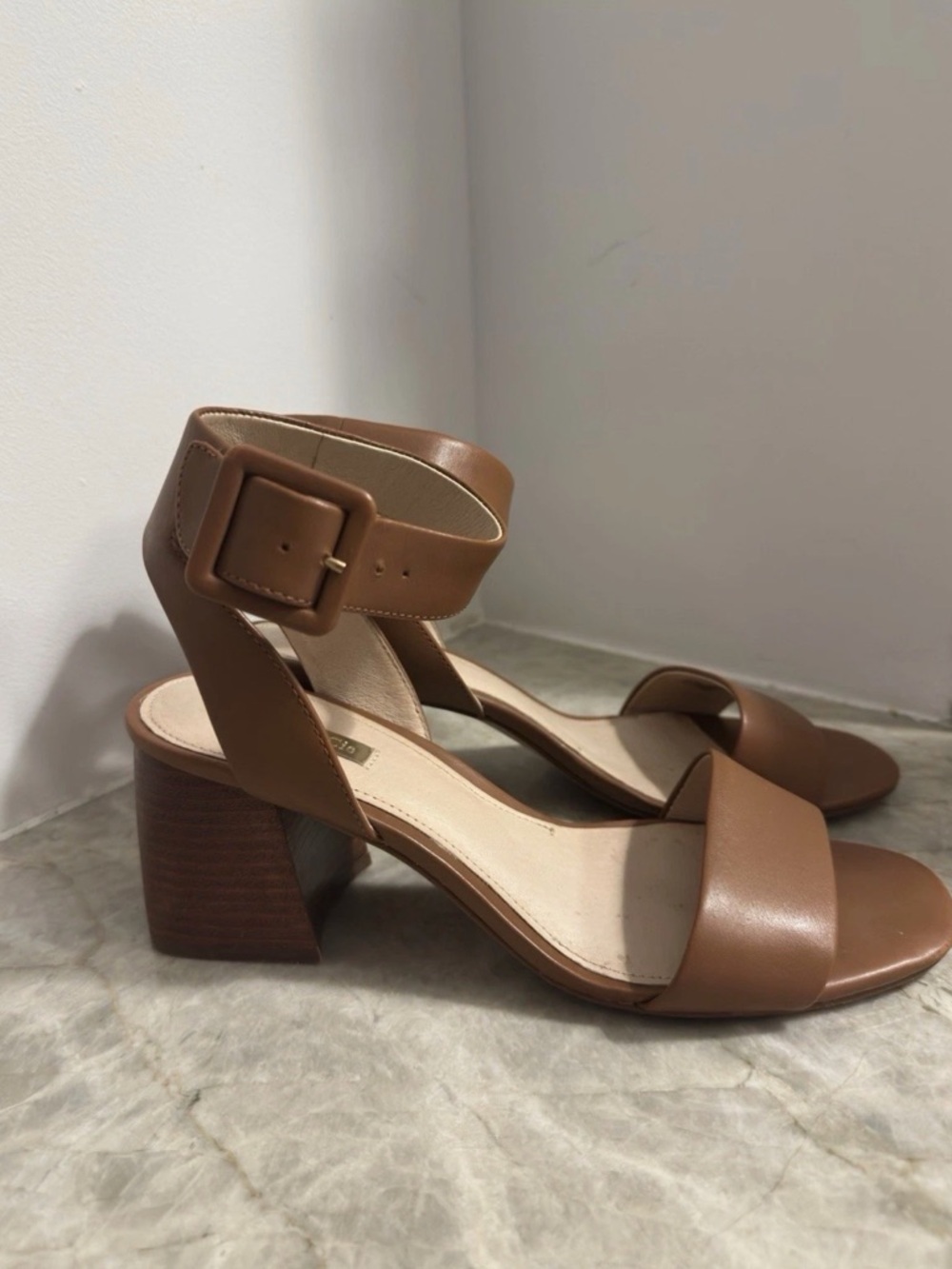 Louise et Cie Brown Leather Block Heel Sandals with Ankle Buckle